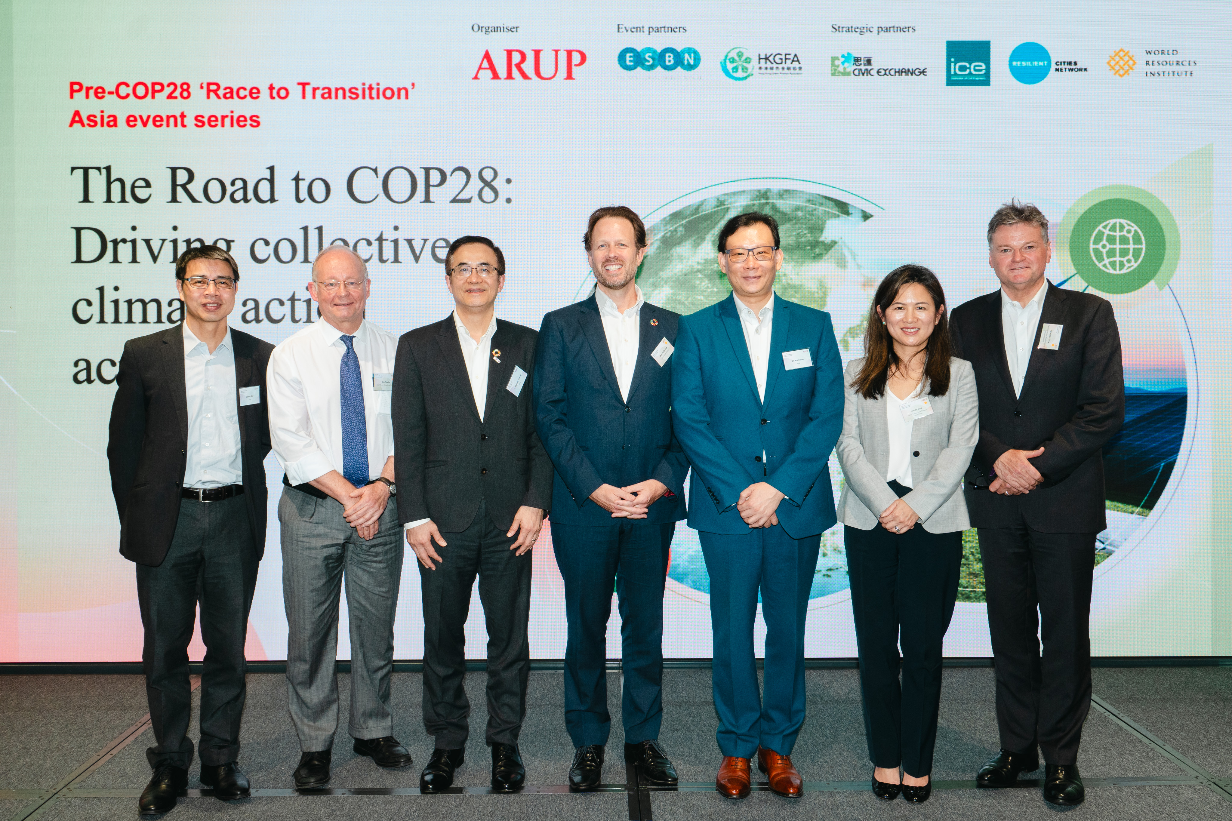 From Left to Right: James Sze, East Asia Region COO, Arup; Mr. Jim Taylor, Senior Director, Planning & Development, CLP Power Hong Kong Limited; Dr. Vincent Cheng, Fellow, Director of Climate & Sustainability Services, East Asia, Arup; Mr. Ben McQuhae, Vice President, Hong Kong Green Finance Association; Founder, Ben McQuhae & Co.; Dr Andy Lee, East Asia Region Chair, Arup; Ms. Jenny Lee, Deputy Secretary General, Hong Kong Green Finance Association; Mr. Jonathan Drew, Vice President, Hong Kong Green Finance Association; Head of Global Banking Sustainability, Asia-Pacific, The Hongkong and Shanghai Banking Corporation Limited