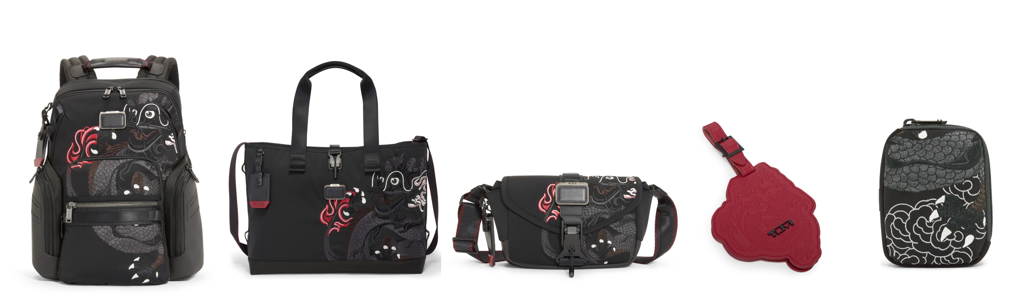 (L to R): Alpha Bravo Navigation Backpack in Dragon Print, Alpha Bravo Retreat Tote in Dragon Print, Alpha Bravo Compass Crossbody in Dragon Print, TUMI+ Luggage Tag in Dragon Print and TUMI+ Modular Accessory Pouch in Dragon Print.