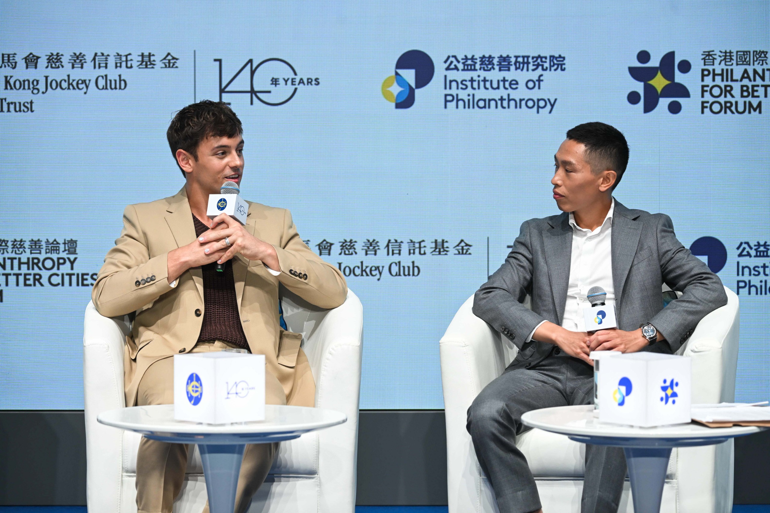 Tom Daley, gold-medal-winning Olympic diver (left) and Vincent Ho, 2023 LONGINES International Jockeys’ Champion, Jockey, The Hong Kong Jockey Club (right).