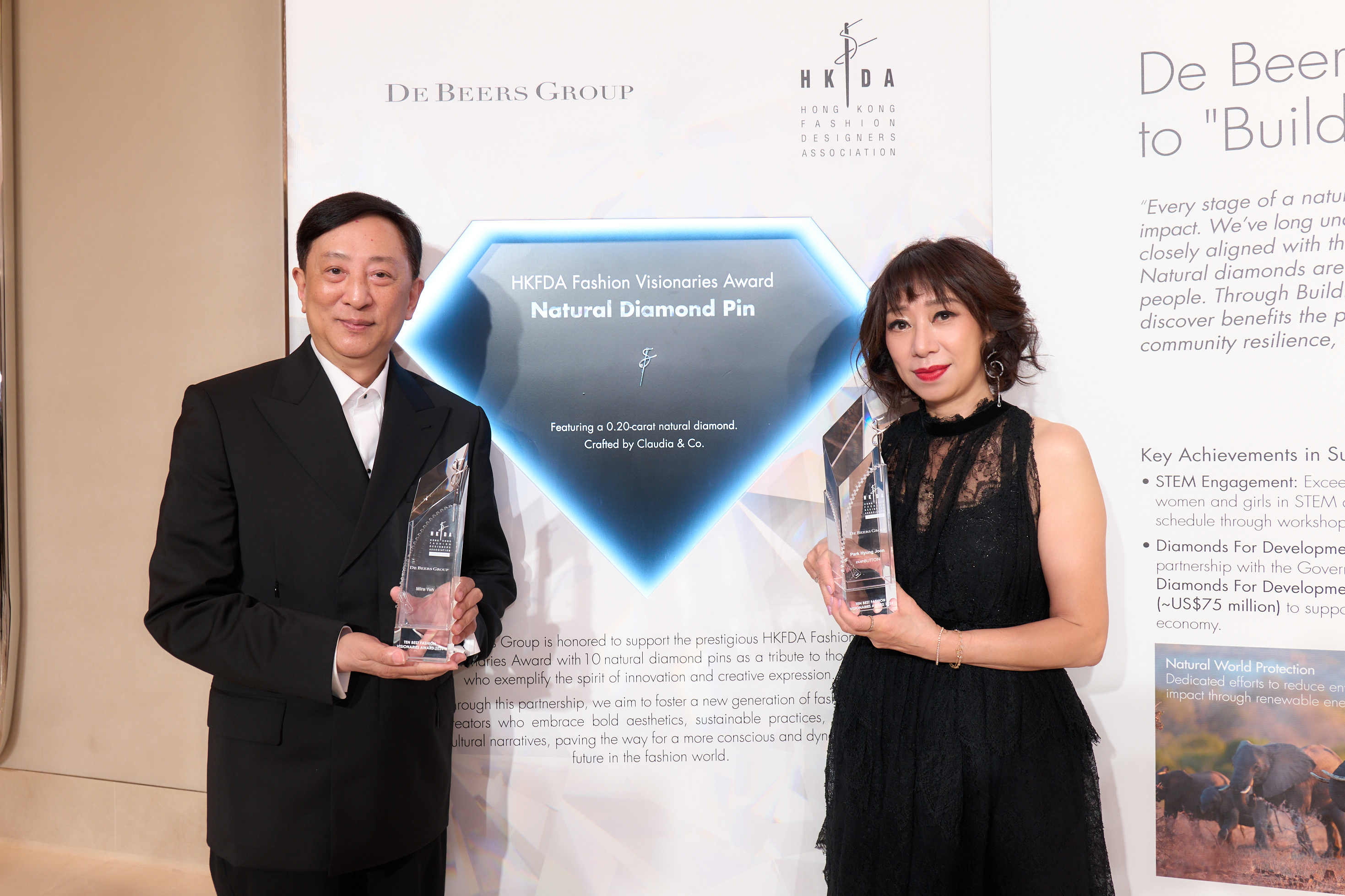 Hong Kong Fashion Designers Association (HKFDA) Chairman Kevin Yeung and De Beers Group Head of Natural Diamond Marketing APAC Loletta Lai