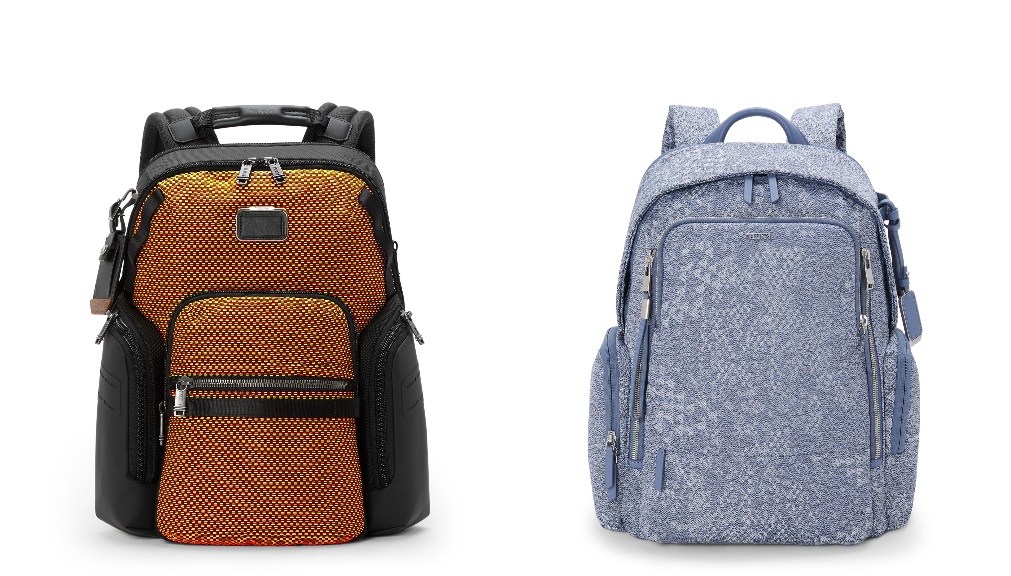 (L to R): Alpha Bravo Navigation Backpack in Red/Lime Chameleon, Voyageur Celina Backpack in Denim Blue