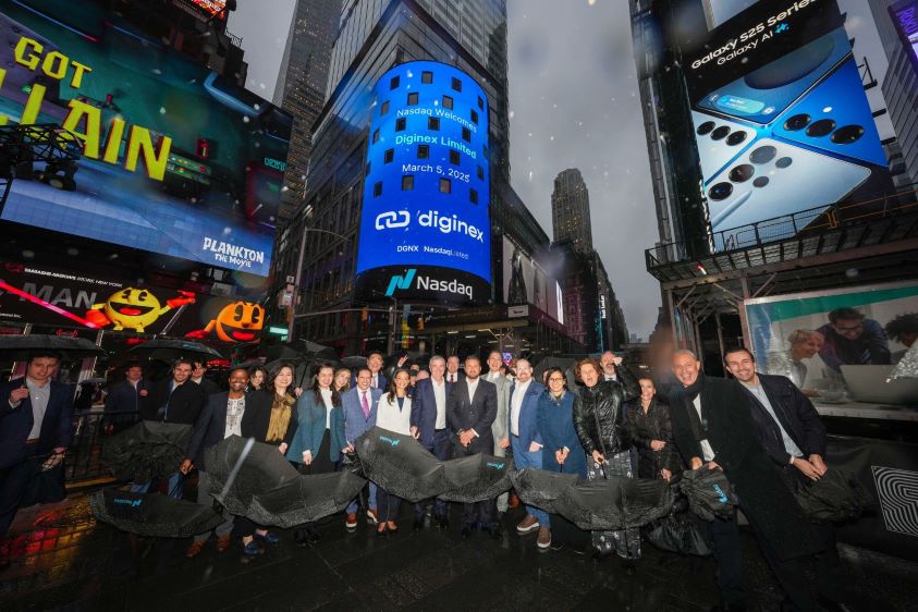 The Diginex team celebrates a historic milestone at Times Square, New York, after ringing the Nasdaq Closing Bell on March 6, 2025, marking its record-breaking IPO performance and global expansion in the ESG market.