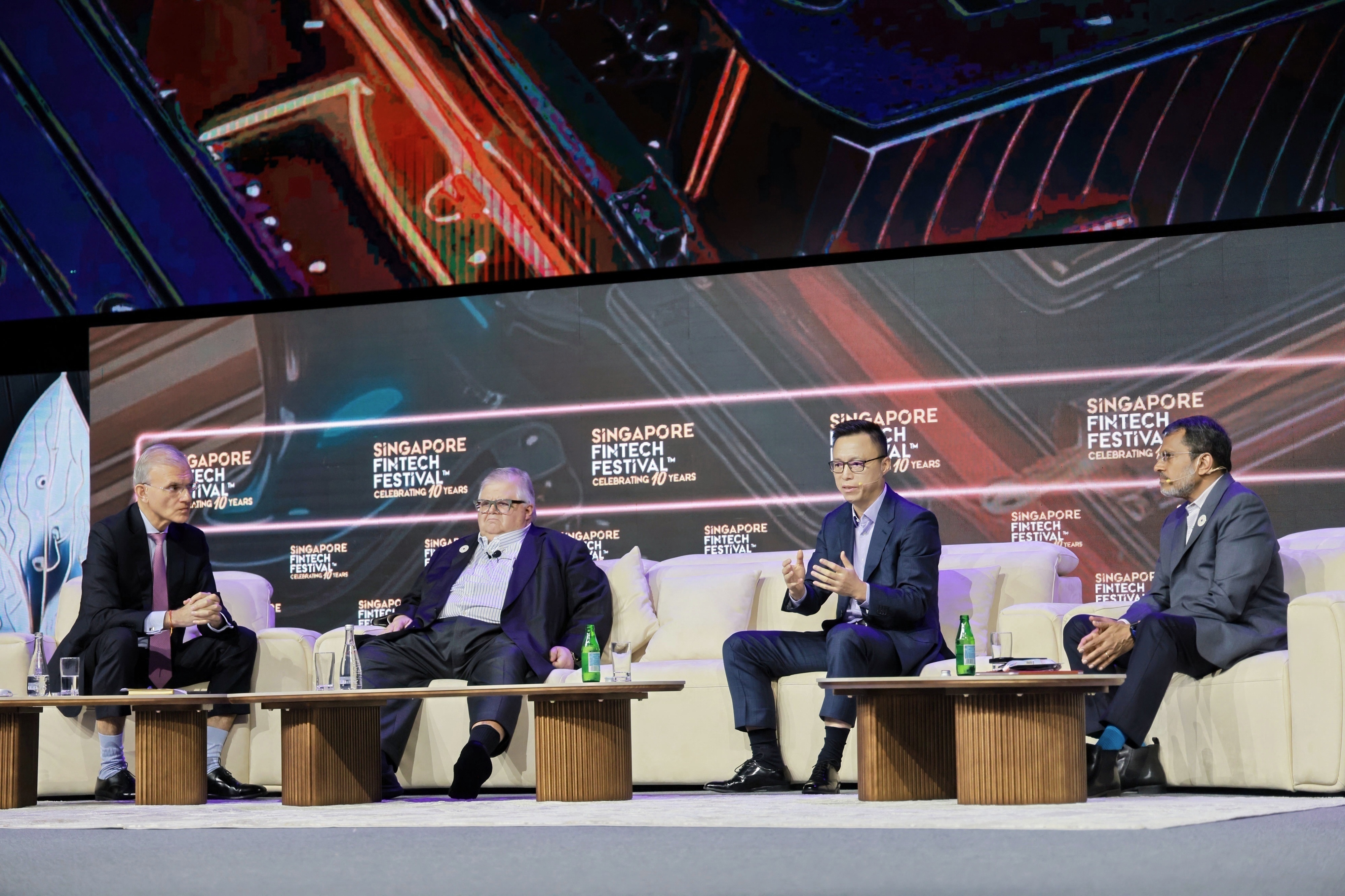 Ant Group Chairman Eric Jing (second from right) shares insights during a panel discussion titled “Steering the Global Future” during the Singapore FinTech Festival on November 14, 2025.