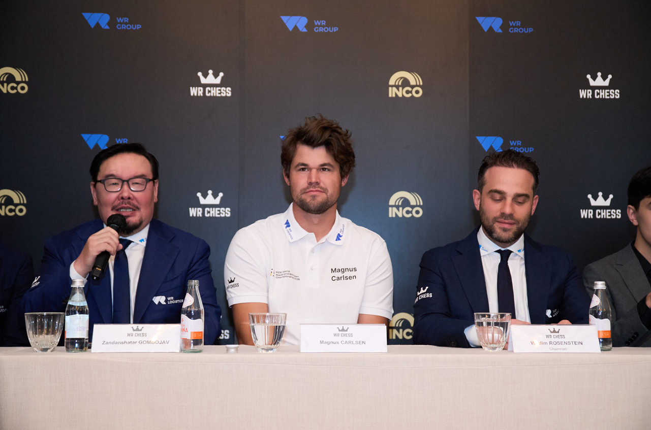H.E. Mr Zandanshatar Gombojav (Left 1), the 34th Prime Minister of Mongolia, attends the WR Chess press conference in Hong Kong, 16 June 2026.